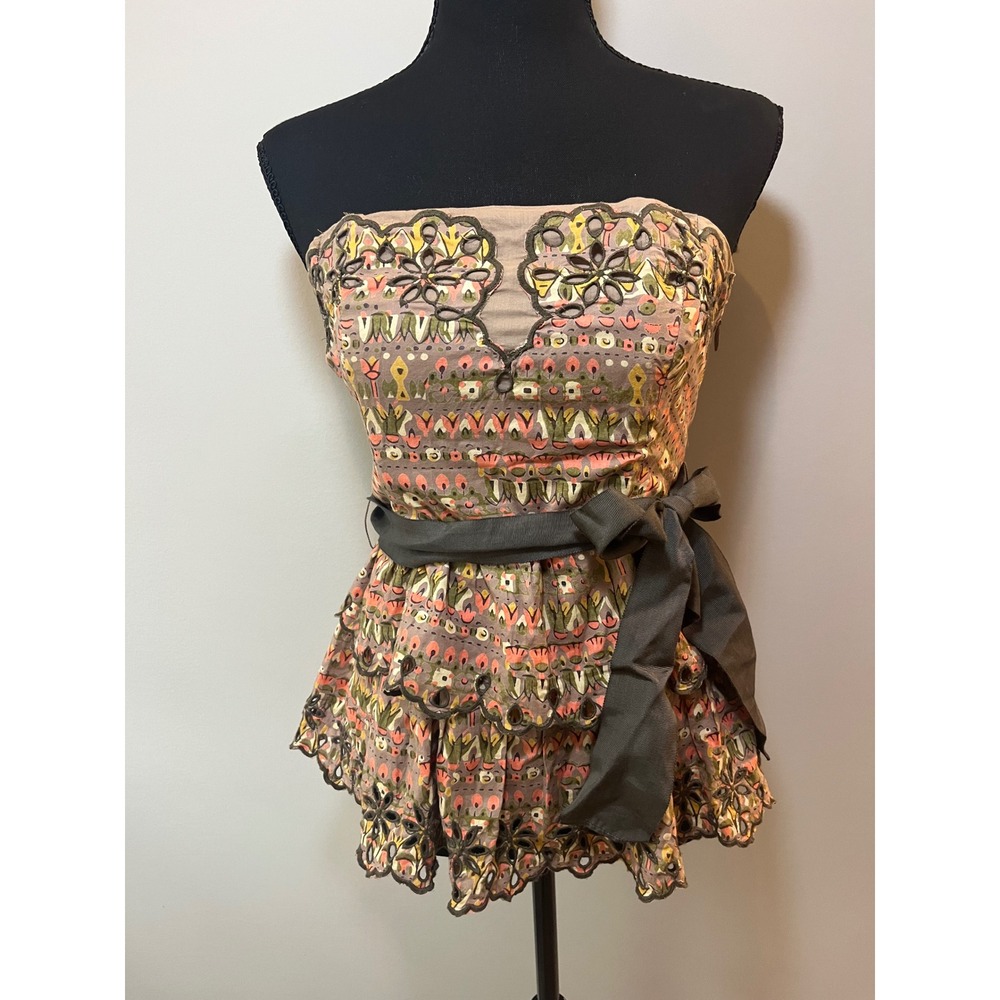 Floreat Anthropologie Strapless Boho Peplum Top Eyelet Embroidery‎ Earthy Size 6